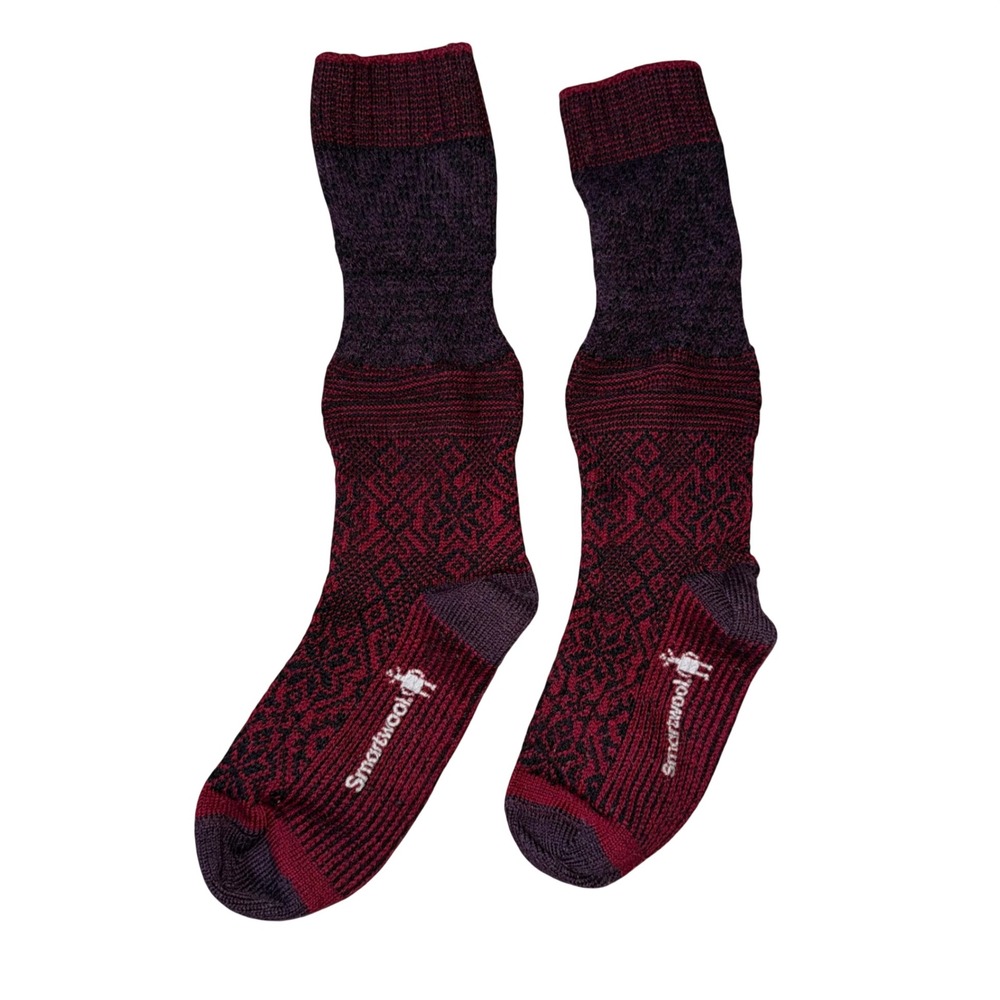 Smartwool Crew Socks Womens M Burgundy Excellent Fair Isle Merino Wool Blend
